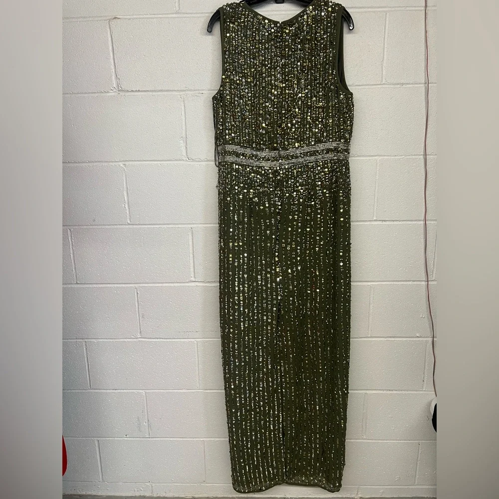 NWT Mac Duggal Size 10 Olive Green Sequined High Neck Sleeveless Column Gown - Picture 10 of 10